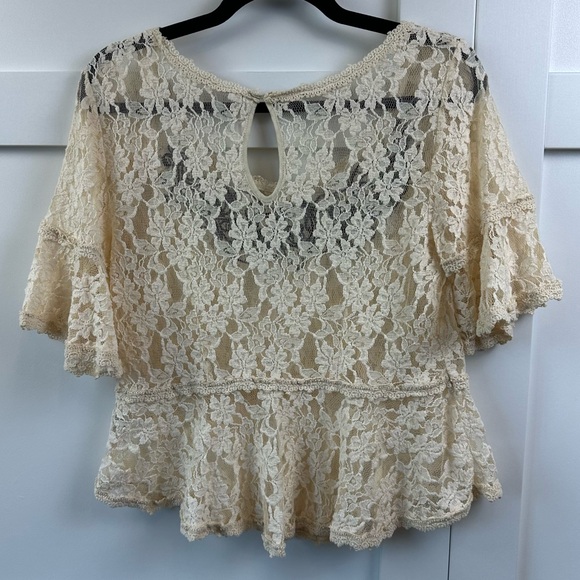 Free People Cream Black Lace Embroidered Peplum Blouse Top Women's Size Medium - Picture 7 of 16